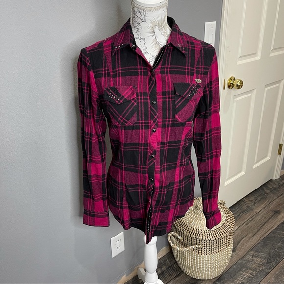 Harley Davidson Women’s Pink Black Plaid Flannel Shirt Pearl Snap Logo Sz Small - Picture 2 of 5